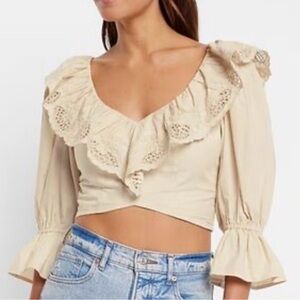 Women's Lace-Trim Ruffle Crop Top - Cream